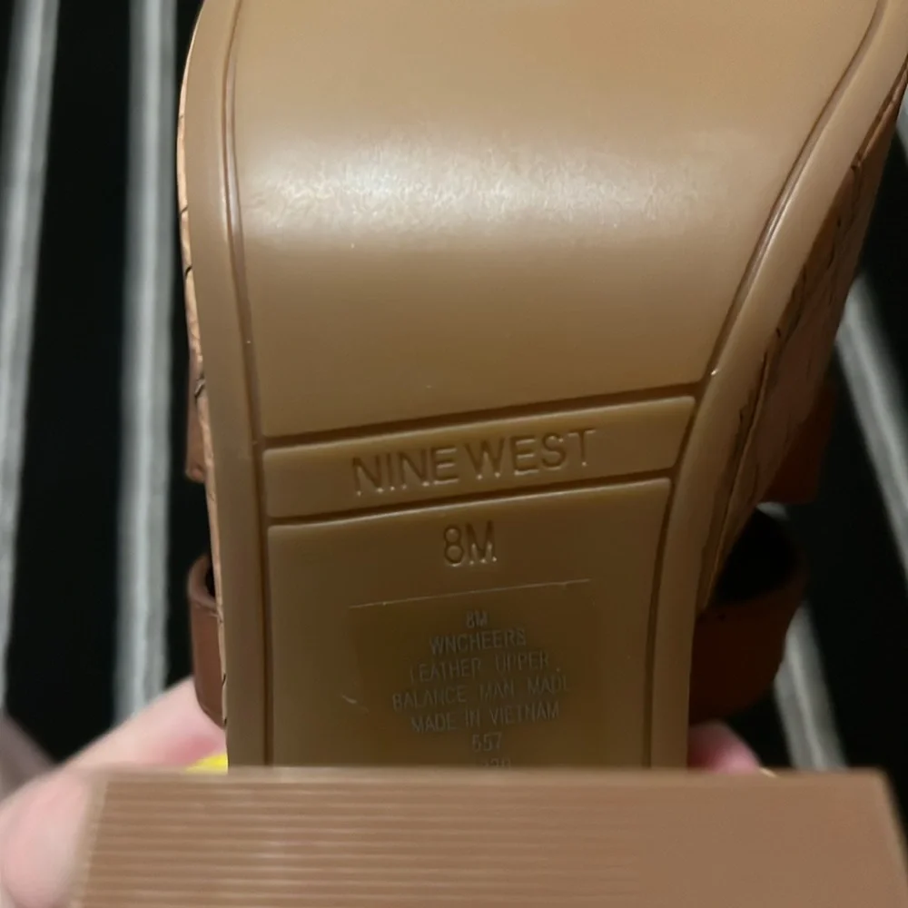 NINE WEST CHEERS Brown Leather Cork Platform Sandals